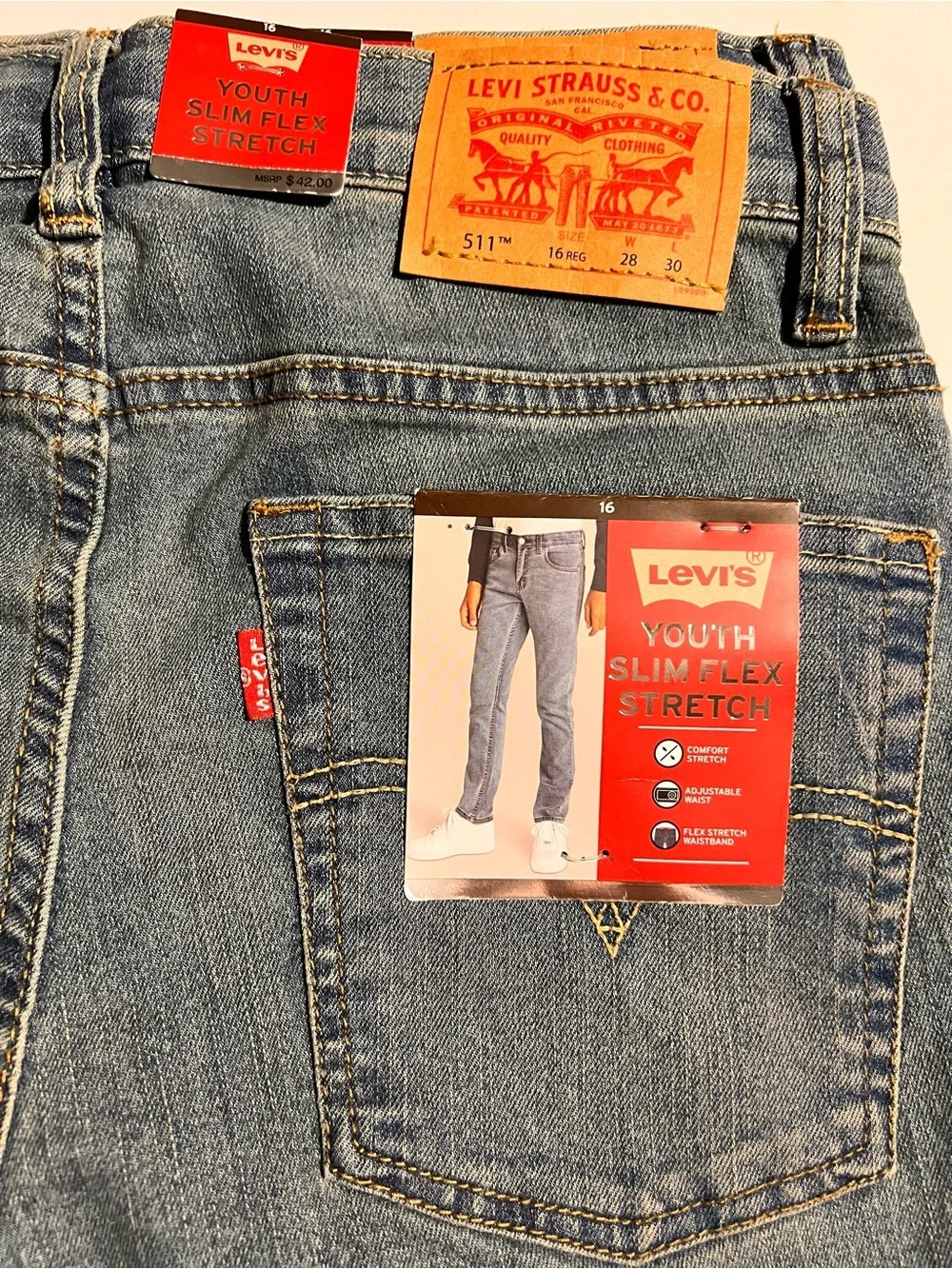 2 Pair Levis Boys Youth Jeans 511 Slim Flex Stretch Denim Blue Jeans 16 -28 x 30